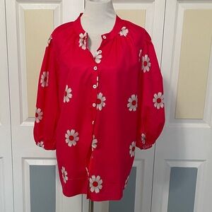 NoraCora Red and‎ White Daisy Blouse with Mandarin Collar 3/4 Sleeves Size M